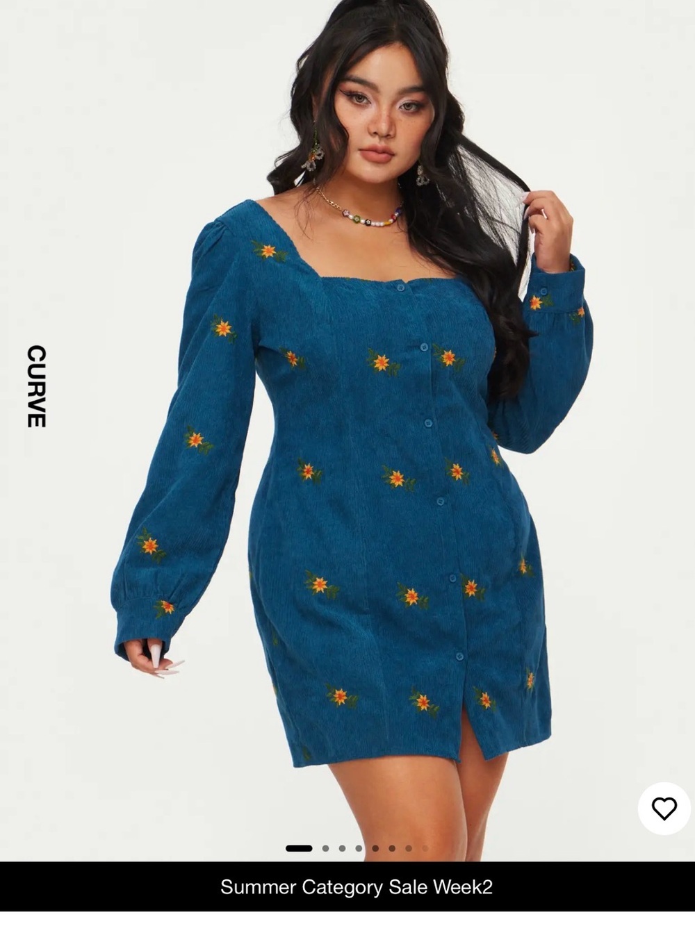 Cider Teal Corduroy Mini Dress with Yellow Floral Embroidery